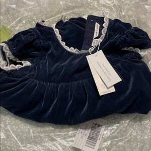 Janie and Jack Navy Velvet Top with White Lace